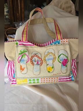 Like New Sandy Clough Canvas Flip-Flop Tote Bag with Colorful Embellishments